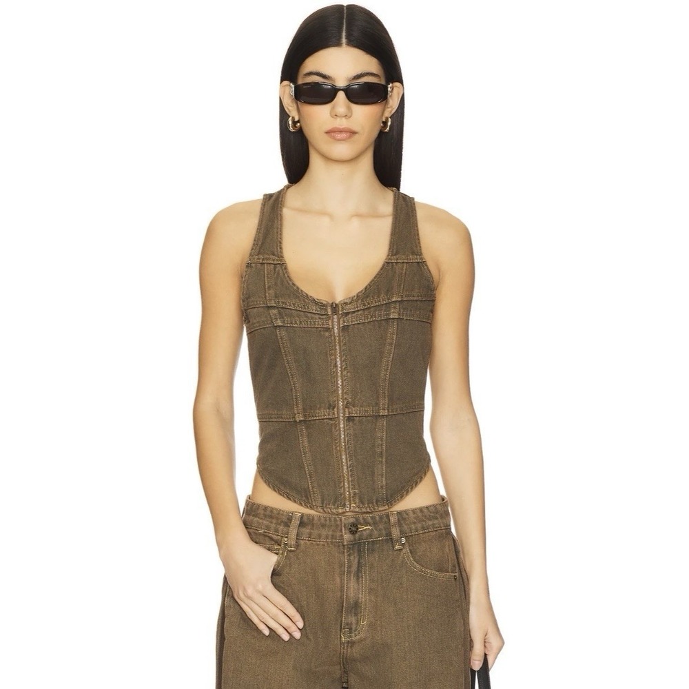LIONESS Westwood Top Petrol Zip Front Tank Top Corset Indie Sleaze Cowgirl Sz S